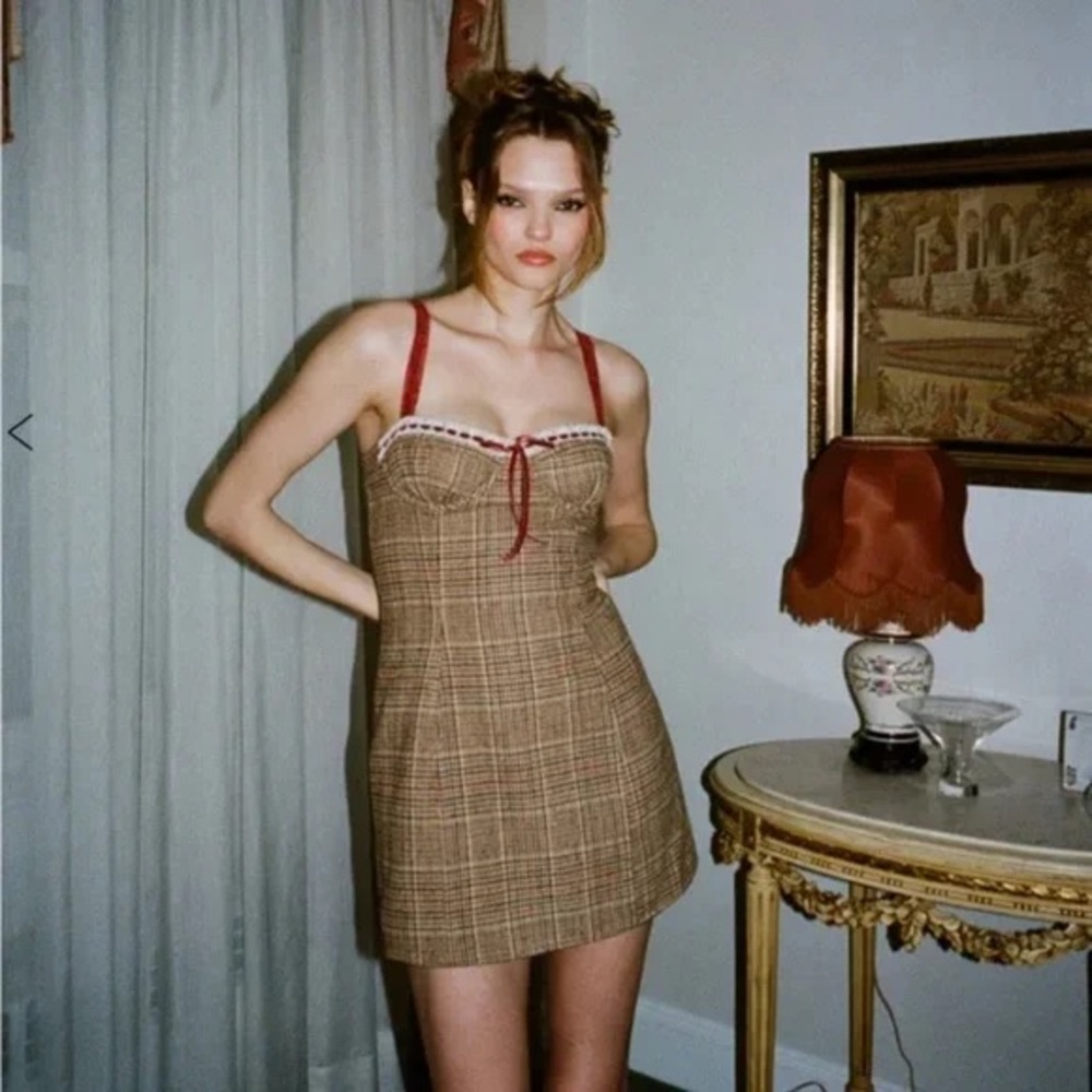 With Jean Brown Plaid Dress with Red Straps